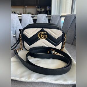 Gucci Marmont Mini Black and Cream Crossbody Bag with Gold Accents